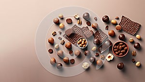 Pieces of chocolate on solid background, Generative AI