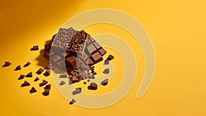 Pieces of chocolate on solid background, Generative AI