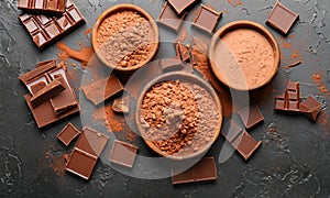 Pieces of chocolate on a table with mirrored chocolate powder