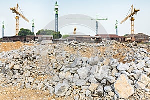Pieces of concrete and brick rubble debris on construction site