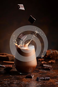 Pieces of dark chocolate fall into a glass of cocoa drink