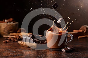 Pieces of dark chocolate fall into a glass of cocoa drink creating a beautiful splash