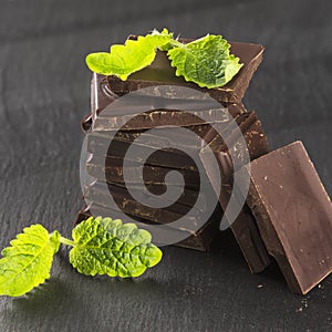 Pieces of dark chocolate and mint
