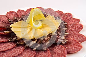 Pieces of dark and light sausage with hard cheese and lemon on a white plate