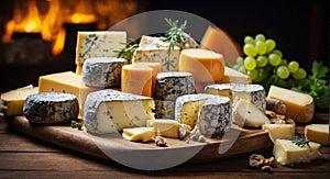 Pieces of delicious cheese on wooden table.