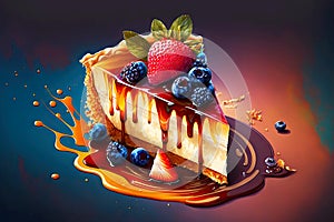 pieces of delicious cheesecake liberally poured with caramel syrup and decorated with berries photo