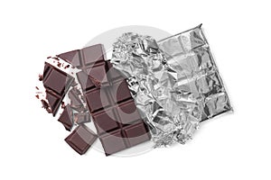 Pieces of delicious dark chocolate bar on white background, top view