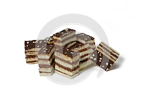 Pieces of delicious layered chocolate cake close-up