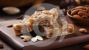 Pieces of delicious nutty nougat, closeup.