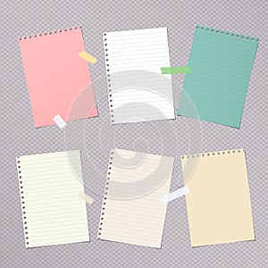 Pieces of different size colorful note, notebook, copybook paper sheets