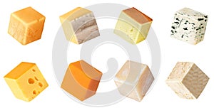 Pieces of different types of cheese in a white isolated background