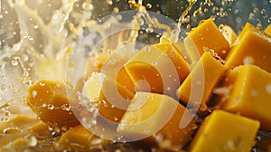 Pieces of fresh mango falling into juice on black background