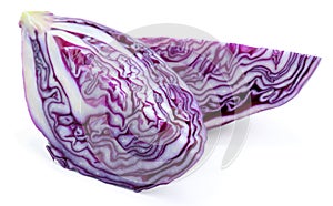 Pieces of fresh red cabbage on white background