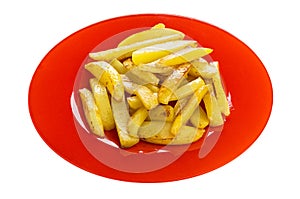 Pieces of fried potatoes in red plate isolated on white