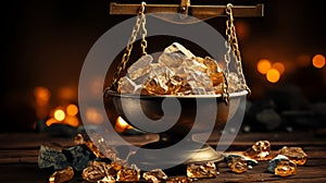 Pieces of gold in a weighing bowl on a wooden table with pieces of gold against the background of a smelter. Horizontal format for