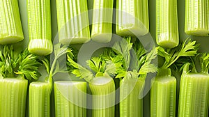 pieces of green celery arranged in an orderly and pleasant way on a background seen from above