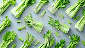 pieces of green celery arranged in an orderly and pleasant way on a background seen from above