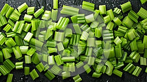 pieces of green celery arranged in an orderly and pleasant way on a background seen from above