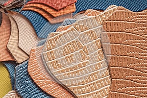 Pieces, leather samples different colors and textures, industry concept