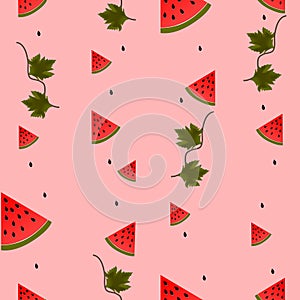 Pieces, leaves and seeds of watermelon on pink, seamless, background