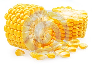 Pieces of maize cob or corn cob and corn seeds isolated on white background