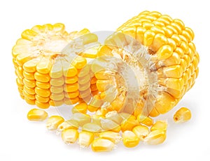 Pieces of maize cob or corn cob and corn seeds isolated on white background