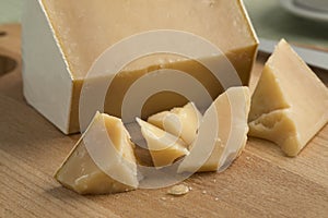 Pieces of mature white organic goat cheese