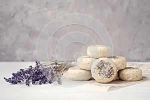 Pieces of natural handcrafted soap scrub. coldprocess. fragrance essential oil of lavender.