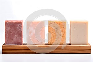 Pieces of natural soap of different scents on a wooden board on a white background.Handmade soap photo