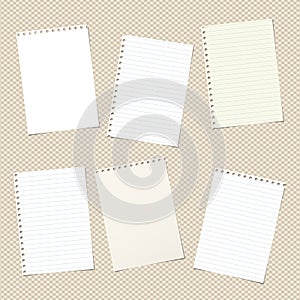 Pieces of note, notebook, copy book paper sheets stuck on brown squared background