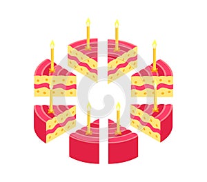 Pieces of pie cake with candles. Birthday celebration. Cut cake slice split up. Isometric view.