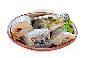 Pieces of pike fish on a plate on white background