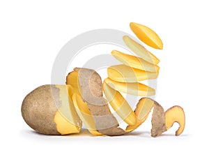 pieces of potato falling in the air from potatoes peeled potatoes with the skin as a spiral on white background