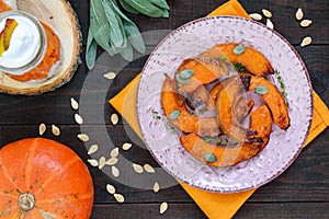 Pieces of pumpkin baked with herbs. Thanksgiving