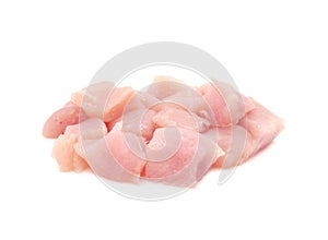 Pieces of raw chicken fillet isolated on white background. Fresh meat. Side view.