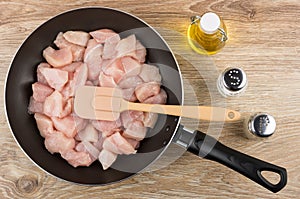 Pieces of raw chicken meat and spatula in frying pan