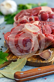 Pieces of raw fresh beef shank for Osso Buco.