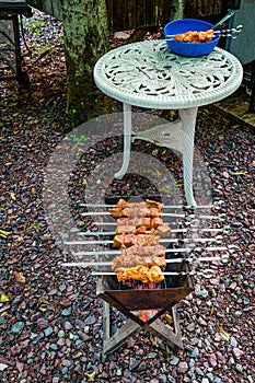 Pieces of raw marinated meat strung on skewers are cooking on a grill. Pieces of raw marinated meat strung on skewers in