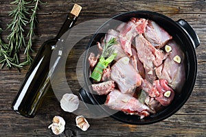 Pieces of raw rabbit in a dish