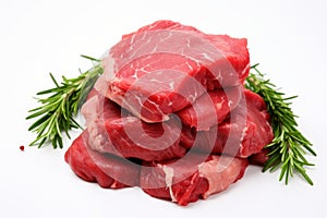 Pieces of raw roast beef meat isolated on white background. Raw meat, cut into pieces