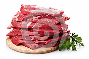 Pieces of raw roast beef meat isolated on white background. Raw meat, cut into pieces