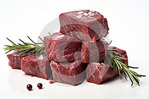 Pieces of raw roast beef meat isolated on white background. Raw meat, cut into pieces