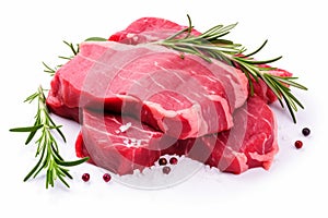 Pieces of raw roast beef meat isolated on white background. Raw meat, cut into pieces