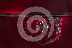 Pieces of red ice plastered with air bubbles in the liquid on a red background.