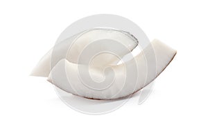 Pieces of ripe coconut on white background