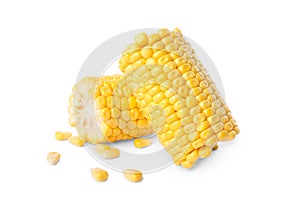 Pieces of ripe raw corn cob on white background