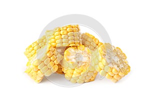 Pieces of ripe raw corn cob on white background