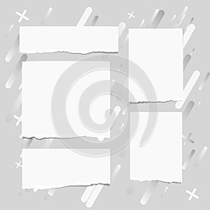 Pieces of ripped blank note, notebook, copybook paper sheets stuck on lined gray background.