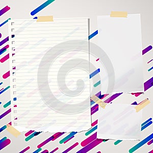 Pieces of ripped ruled and blank note, notebook, copybook paper sheets stuck on lined colorful background.