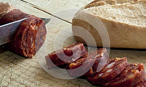 Pieces of sausage and bread